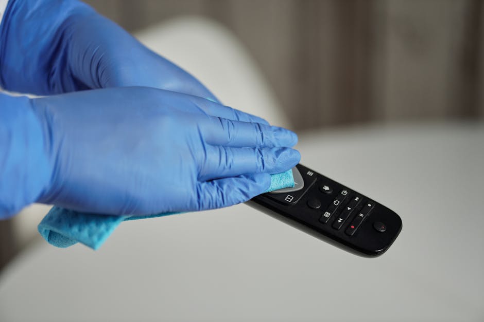 A professional cleaner wearing white gloves is carefully folding and arranging clean, white towels on a table in a well-lit, elegant room with decorative gold-framed mirrors on the wall. The surface a